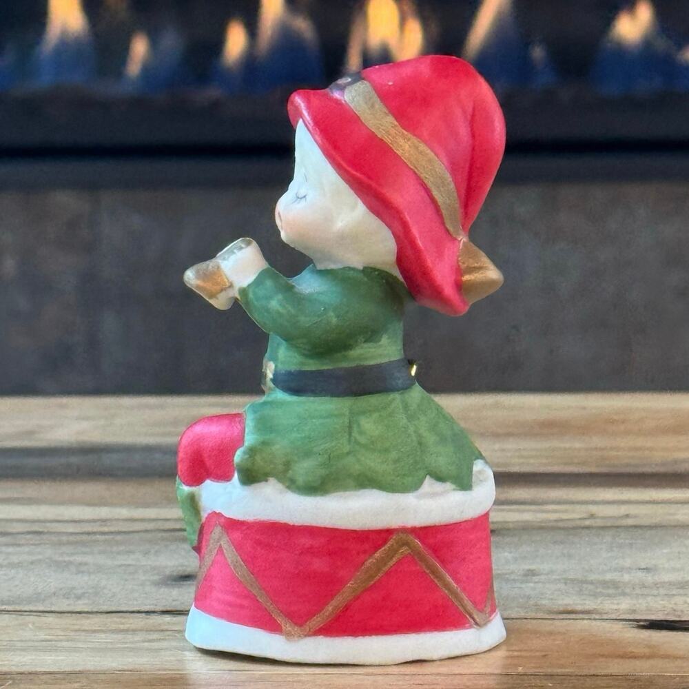 Vintage 1978 Jasco Merri-Bells Bisque Elf Playing Horn on Drum Christmas Bell - Picture 3 of 11